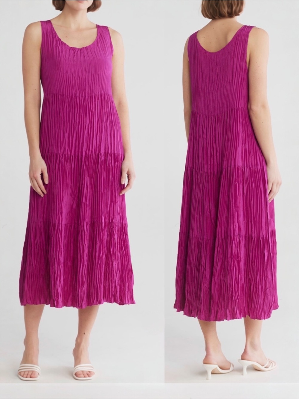 Eileen Fisher Women’s Crushed Silk Scoop Neck Sleeveless Mid Dress Magenta Pink